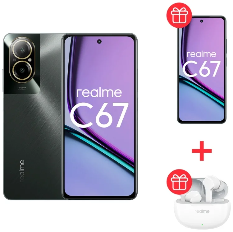 Смартфон Realme C67 4G 8/256Gb Black Rock + Realme C67 4G 8/256Gb Black Rock + Подарок Наушники Realme Buds T110 White купить,NaN