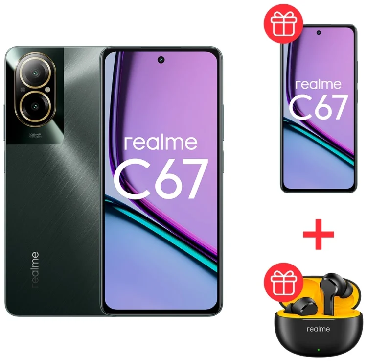 Смартфон Realme C67 4G 8/256Gb Black Rock + Realme C67 4G 8/256Gb Black Rock + Подарок Наушники Realme Buds T110 Black купить,NaN