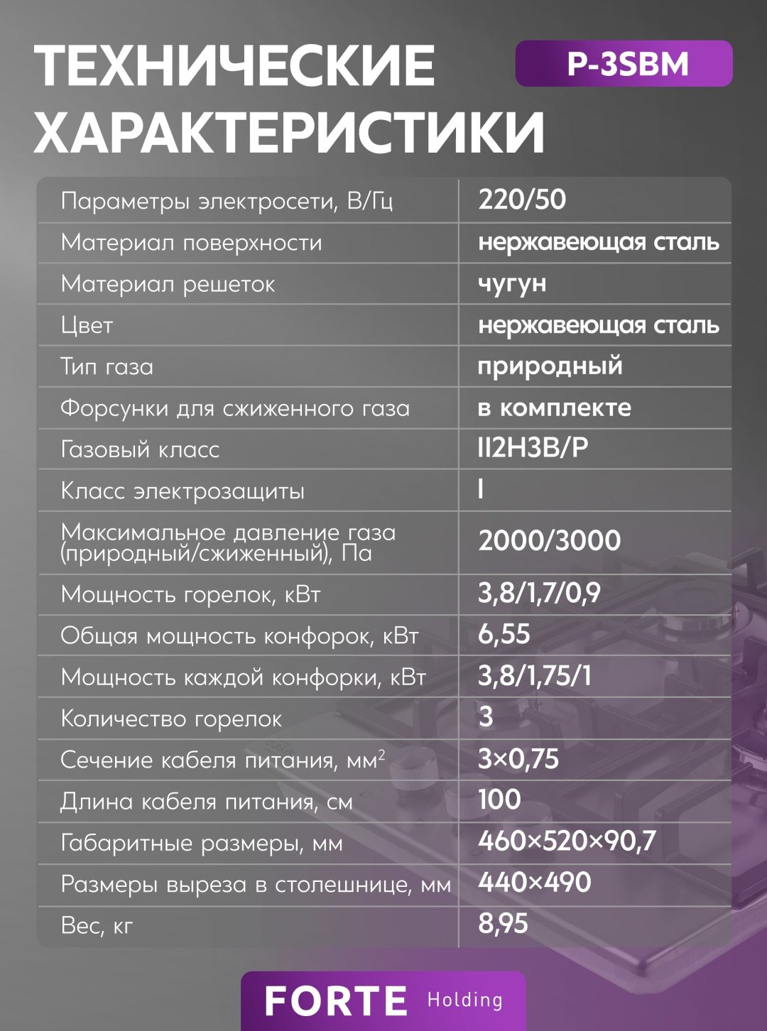 Газовая варочная поверхность Oasis P-3SBM стальной купить,79100