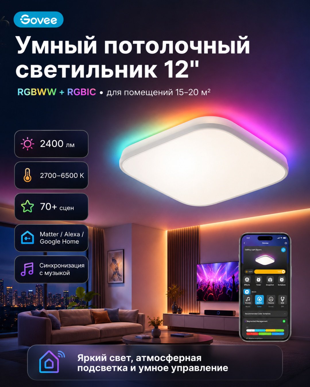 Светильник потолочный Govee LED 24 Вт белый