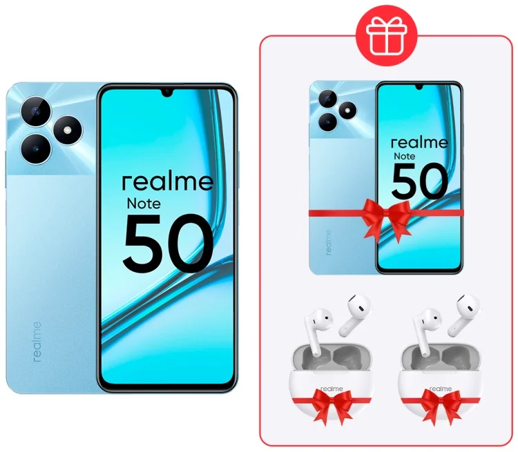 Смартфон Realme Note 50 4/256Gb Sky Blue + Подарок Смартфон Realme Note 50 4/256Gb Sky Blue + Наушники Realme Buds T01 White 2шт