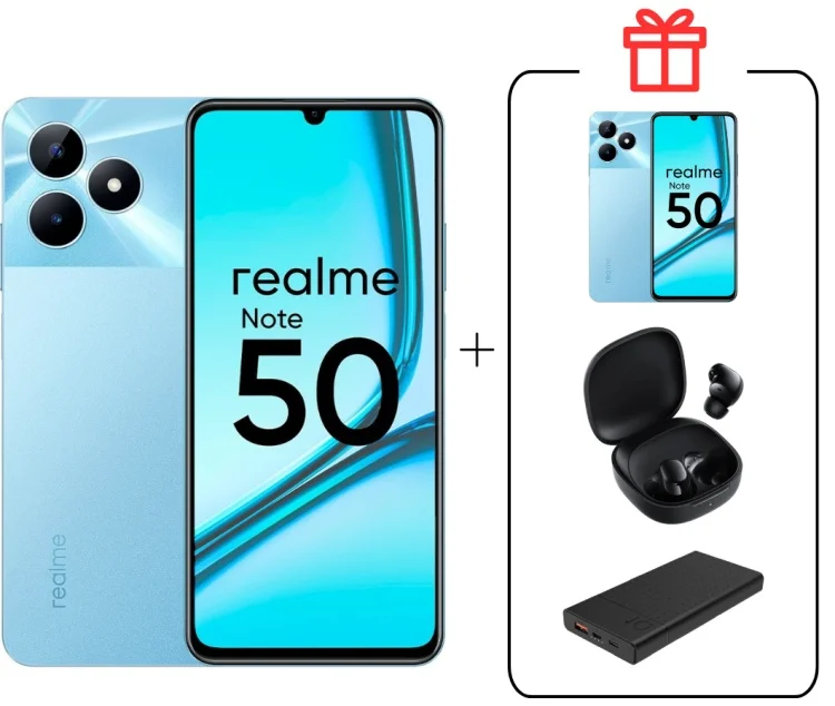 Смартфон Realme Note 50 3/64Gb Sky Blue + Подарок Смартфон Realme Note 50 3/64Gb Sky Blue + Внешний аккумулятор Astero 10 PD 10000мАч Black + Наушники Buds 6 Play Black