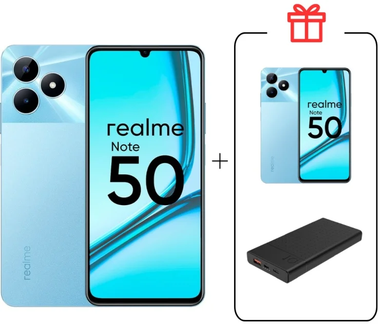 Смартфон Realme Note 50 3/64Gb Sky Blue + Подарок Смартфон Realme Note 50 3/64Gb Sky Blue + Внешний аккумулятор Astero 10 PD 10000мАч Black