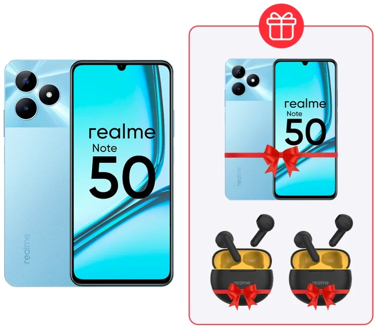 Смартфон Realme Note 50 3/64Gb Sky Blue + Подарок Смартфон Realme Note 50 3/64Gb Sky Blue + Наушники Realme Buds T01 Black 2шт