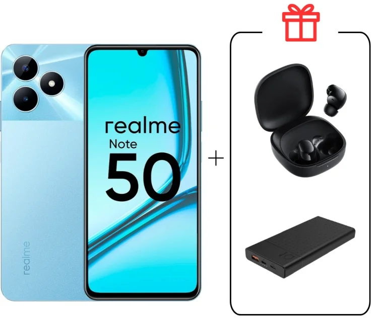 Смартфон Realme Note 50 4/128Gb Sky Blue + Подарок Наушники Buds 6 Play Black + Внешний аккумулятор Astero 10 PD 10000мАч Black