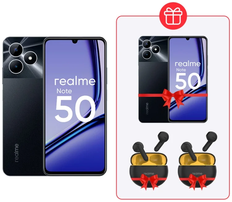 Смартфон Realme Note 50 3/64Gb Midnight Black + Подарок Realme Note 50 3/64Gb Midnight Black + Подарок Наушники Realme Buds T01 Black 2шт