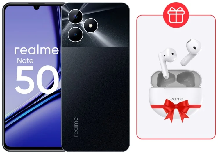 Смартфон Realme Note 50 3/64Gb Midnight Black + Подарок Наушники Realme Buds T01 White