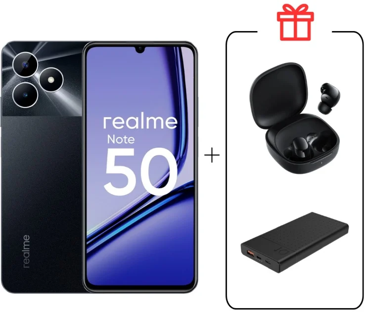Смартфон Realme Note 50 4/128Gb Midnight Black + Подарок Внешний аккумулятор Astero 10 PD 10000мАч Black + Наушники Buds 6 Play Black