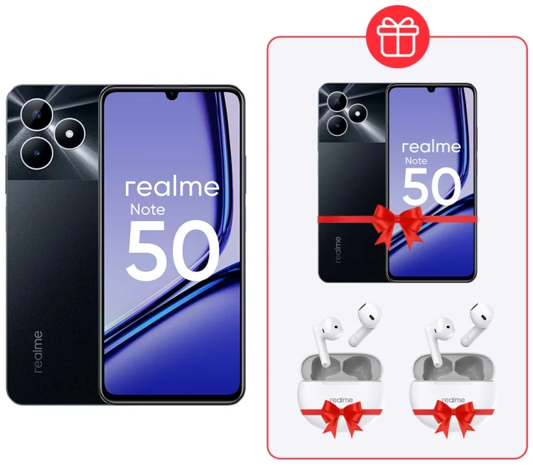 Смартфон Realme Note 50 4/256Gb Midnight Black + Подарок Realme Note 50 4/256Gb Midnight Black + Подарок Наушники Realme Buds T01 White 2шт купить,NaN