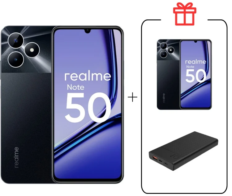 Смартфон Realme Note 50 4/128Gb Midnight Black + Подарок Cмартфон Realme Note 50 4/128Gb Midnight Black + Внешний аккумулятор Astero 10 PD 10000мАч Black