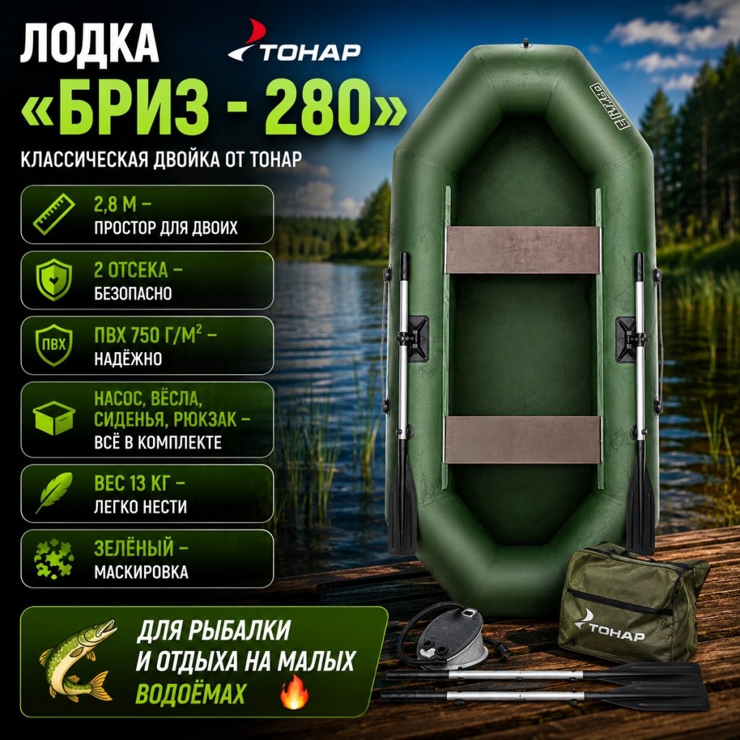 Надувная лодка ТОНАР Бриз 280 зеленый купить,NaN