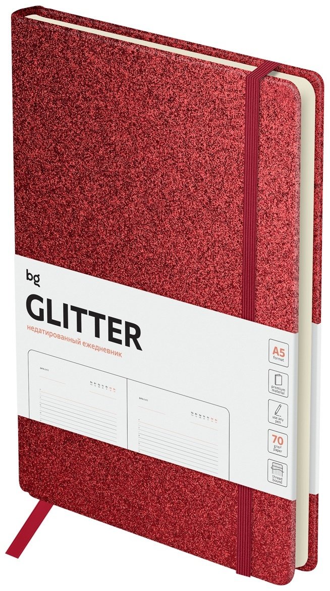 Ежедневник недатированный, А5, 136л., твердый переплет, диз. картон, BG "Glitter. Red", красный, на резинке, карман купить,NaN