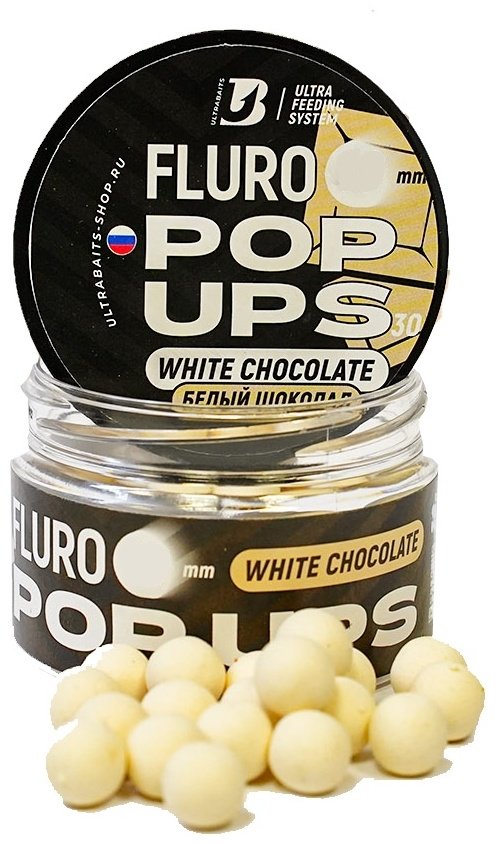 Прикормка Бойлы плавающие FLURO POP UPS ULTRABAITS Белый шоколад 14 мм, 30гр купить,NaN