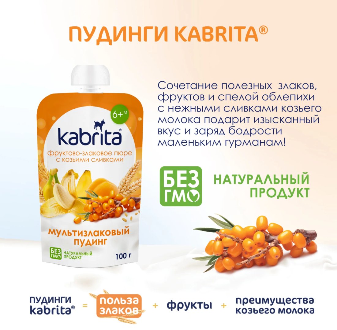 Детское пюре Kabrita фруктово-злаковое с козьими сливками Мультизлаковый пудинг 100 г, с 6 месяцев купить,NaN