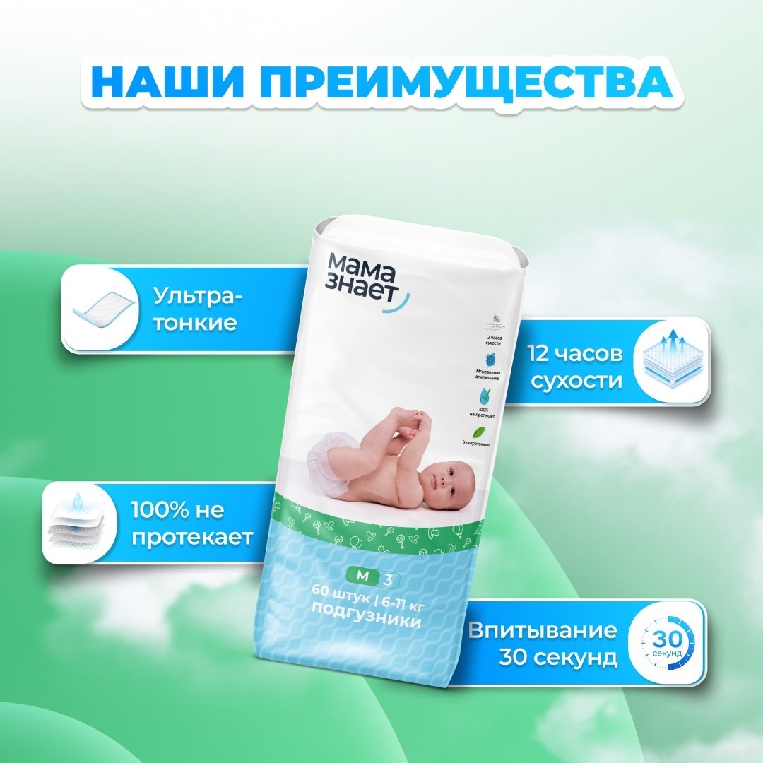 Подгузники Мама Знает M, 60 шт купить,NaN