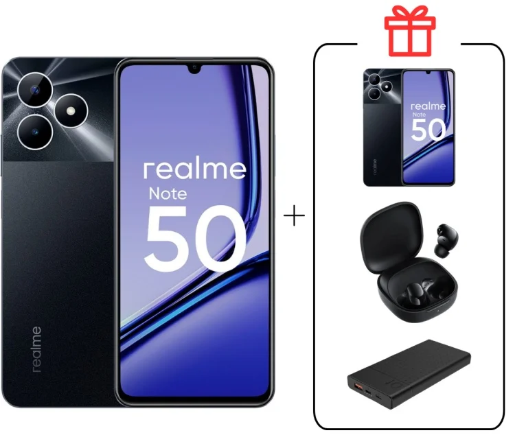 Смартфон Realme Note 50 4/256Gb Midnight Black + Подарок Cмартфон Realme Note 50 4/256Gb Midnight Black + Внешний аккумулятор Astero 10 PD 10000мАч Black + Наушники Buds 6 Play Black