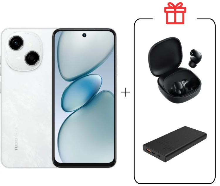 Смартфон Tecno Spark Go 1 3/64Gb Glittery White + Внешний аккумулятор Astero 10 PD 10000мАч Black + Подарок наушники Buds 6 Play Black