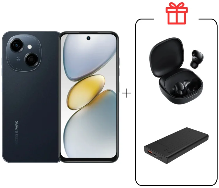 Смартфон Tecno Spark Go 1 4/64Gb Startrail Black + Внешний аккумулятор Astero 10 PD 10000мАч Black + Наушники Buds 6 Play Black 