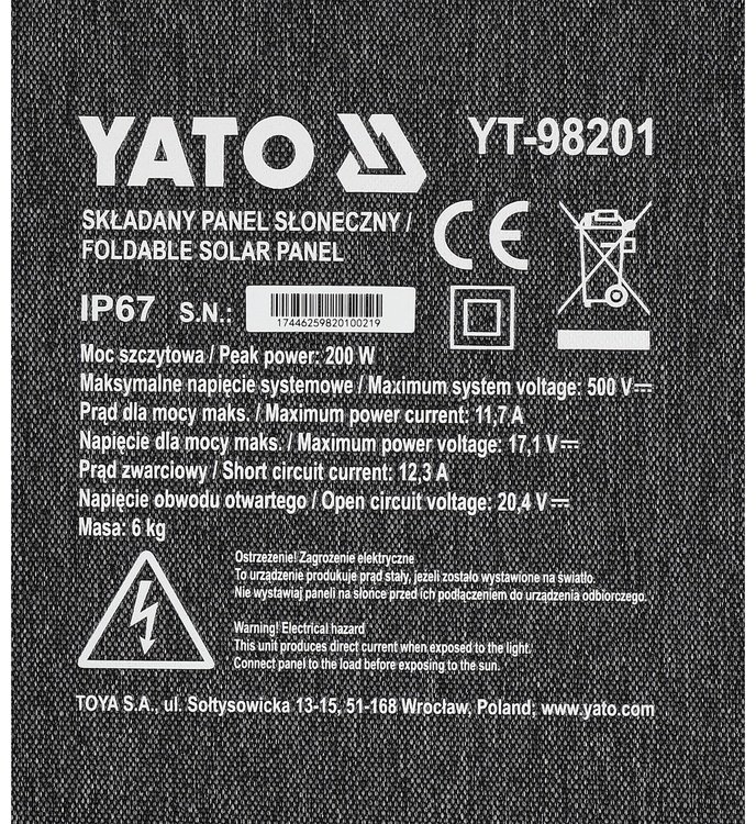 YATO монокристалл 200 Вт, 17.1 В, 36 (3x12) панель 2233х588х35 мм купить,NaN