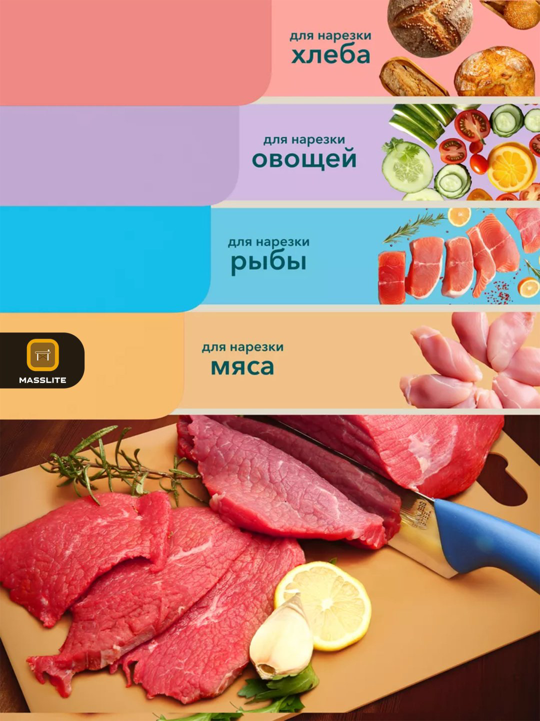 MassLite набор разделочных досок DD-000308 8 шт, пластик купить,NaN