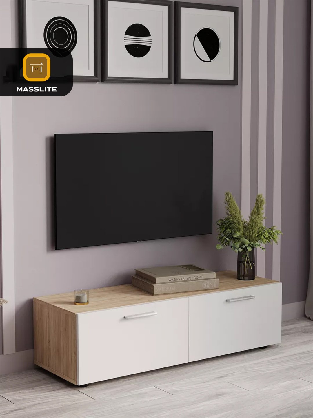 ТВ-тумба напольная MassLite DD-001173, 102x29x35 см, светло-коричневый, белый купить,NaN