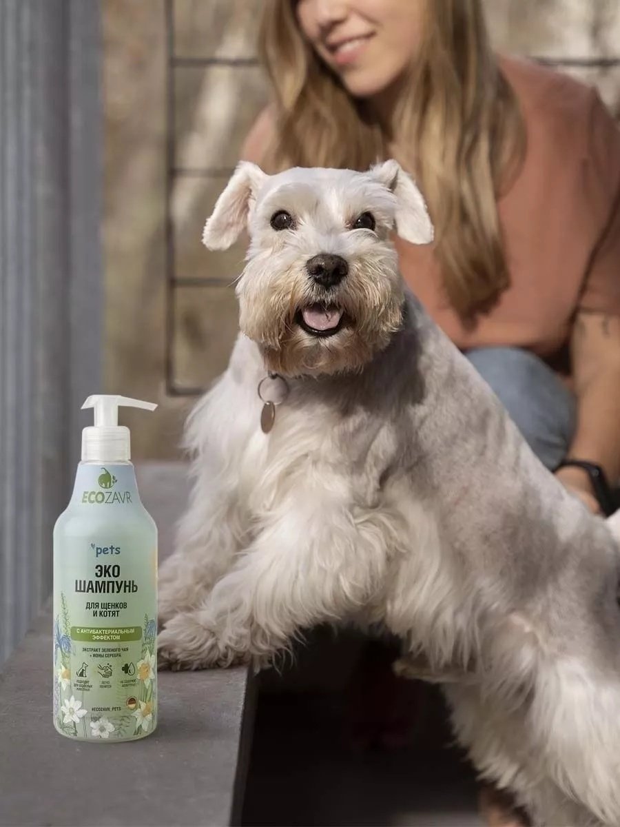 Уход ECOZAVR Шампунь с антибактериальным эффектом, экстракт зеленого чая&#43;ионы серебра, для щенков и котят 500 мл