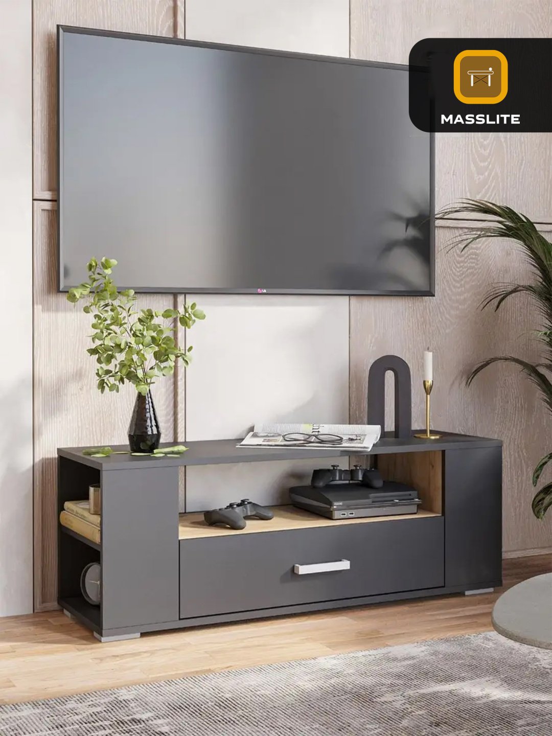 ТВ-тумба напольная MassLite DD-000713, 108x40x36 см, графит, светло-коричневый купить,NaN