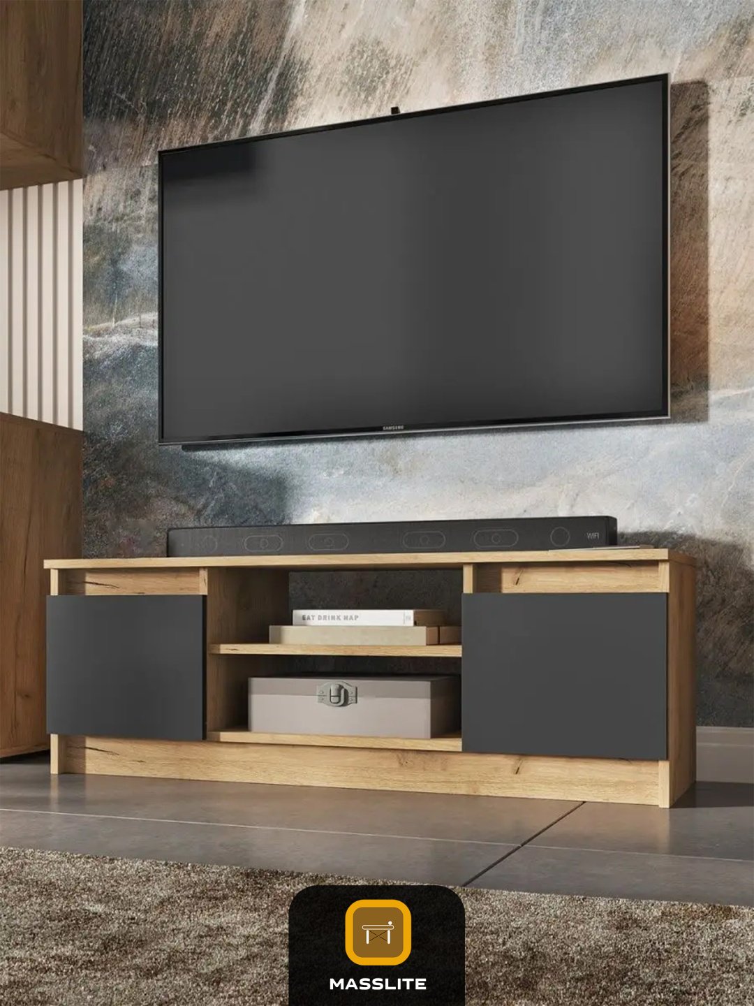 ТВ-тумба напольная MassLite DD-000716, 114x40x36 см, светло-коричневый, графит купить,NaN
