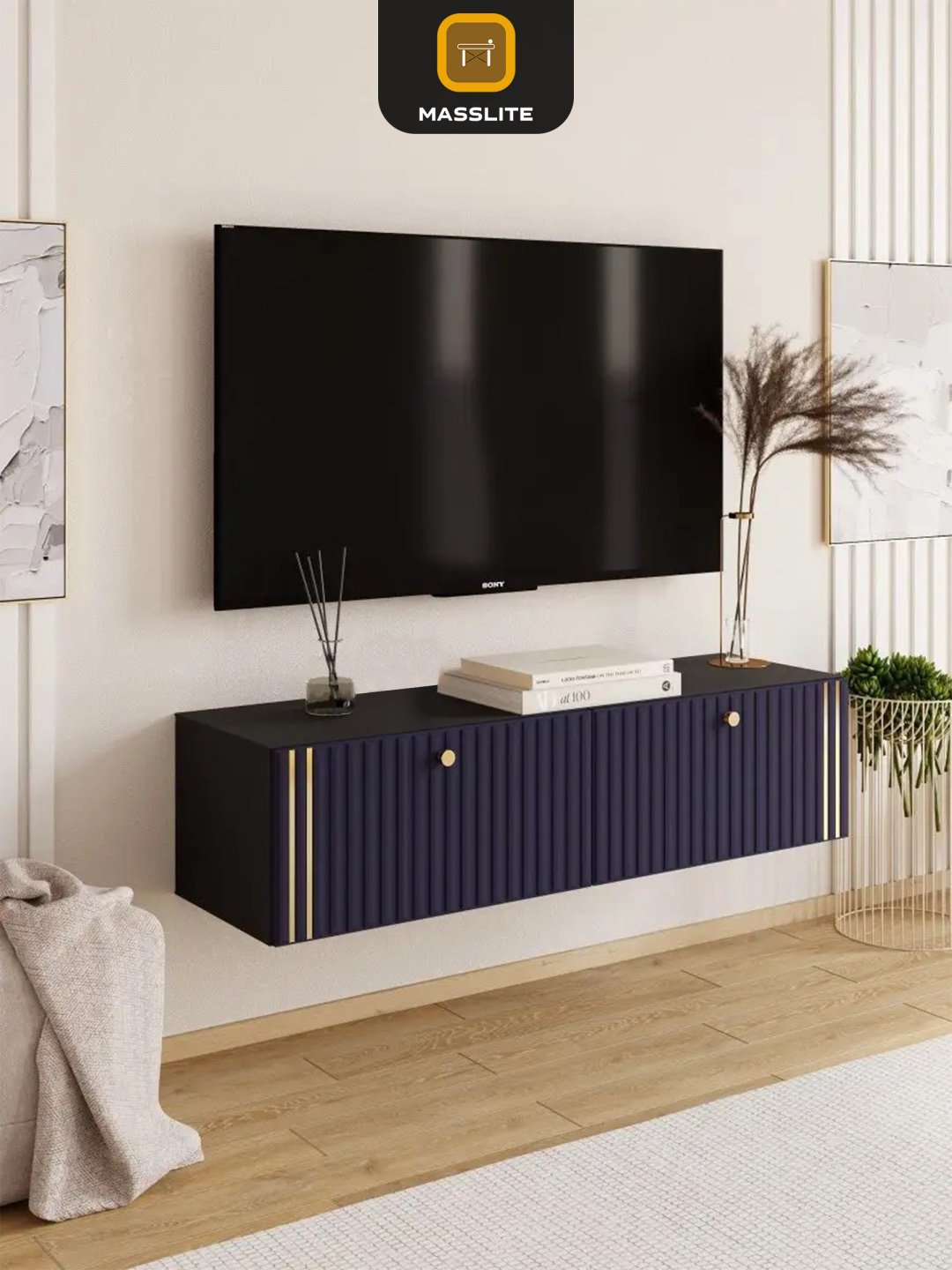 ТВ-тумба навесная MassLite ТВ-100004, 114x30x36 см, черный, темно-синий купить,NaN
