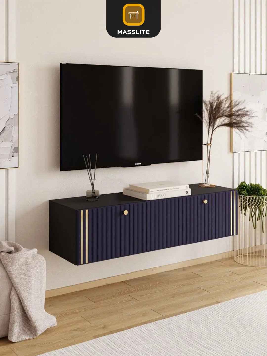 ТВ-тумба навесная MassLite ТВ-100004, 114x30x36 см, черный, темно-синий купить,NaN