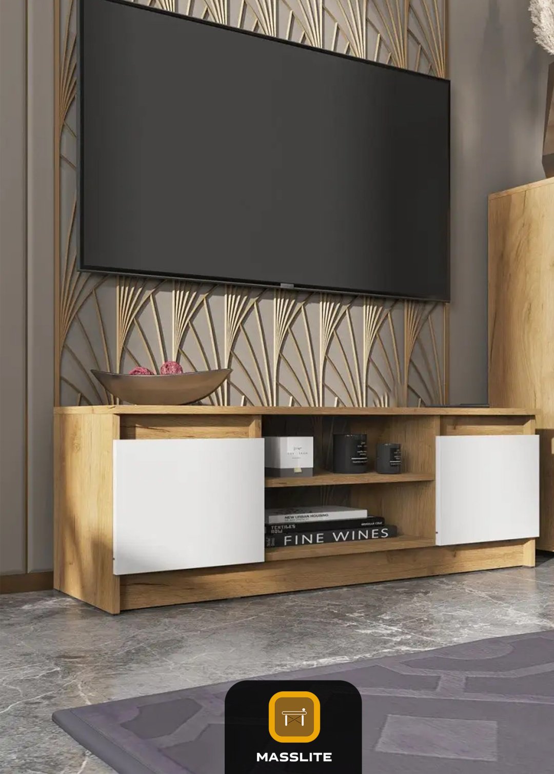 ТВ-тумба напольная MassLite DD-000715, 114x40x36 см, светло-коричневый, белый купить,NaN