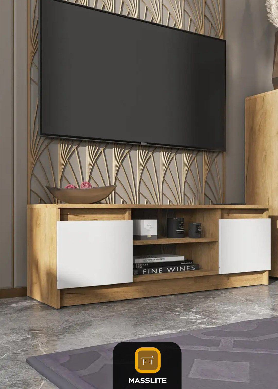 ТВ-тумба напольная MassLite DD-000715, 114x40x36 см, светло-коричневый, белый купить,NaN