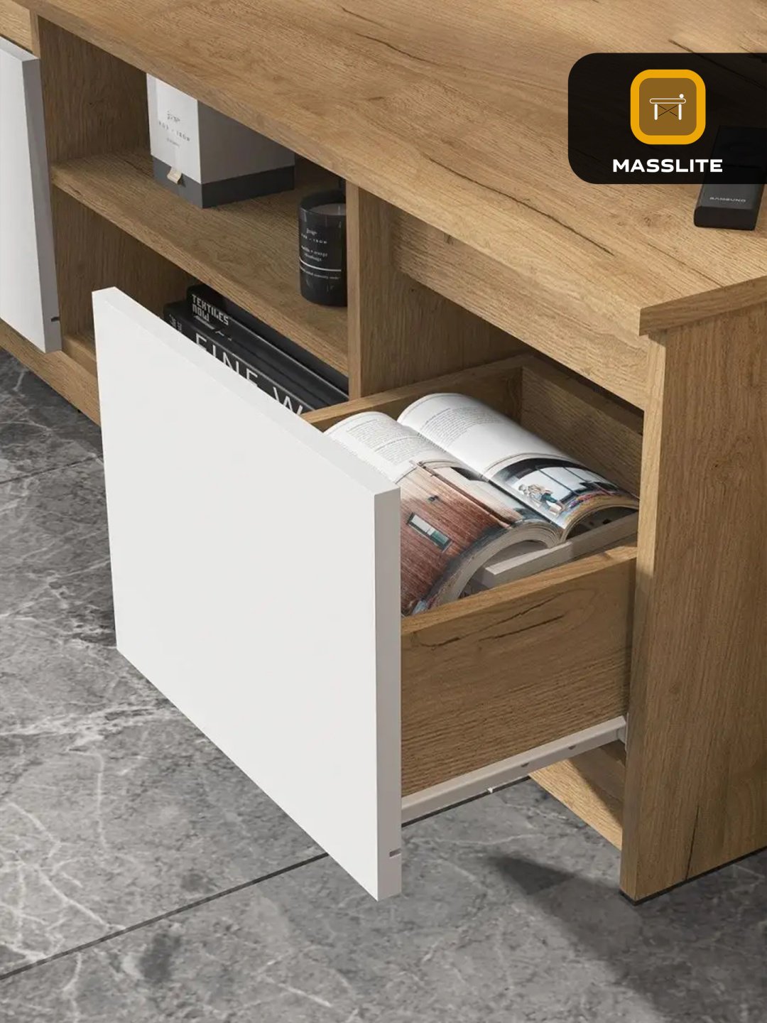 ТВ-тумба напольная MassLite DD-000715, 114x40x36 см, светло-коричневый, белый купить,NaN
