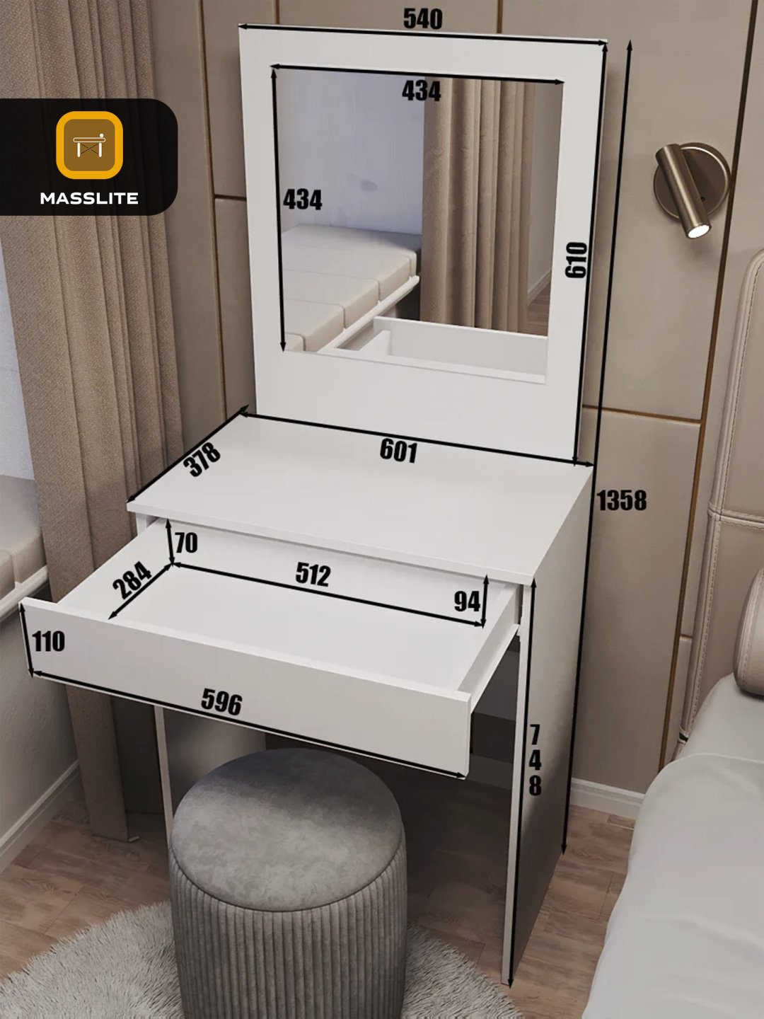 Туалетный столик MassLite DD-001783 38.4x65x126 см, ЛДСП купить,NaN