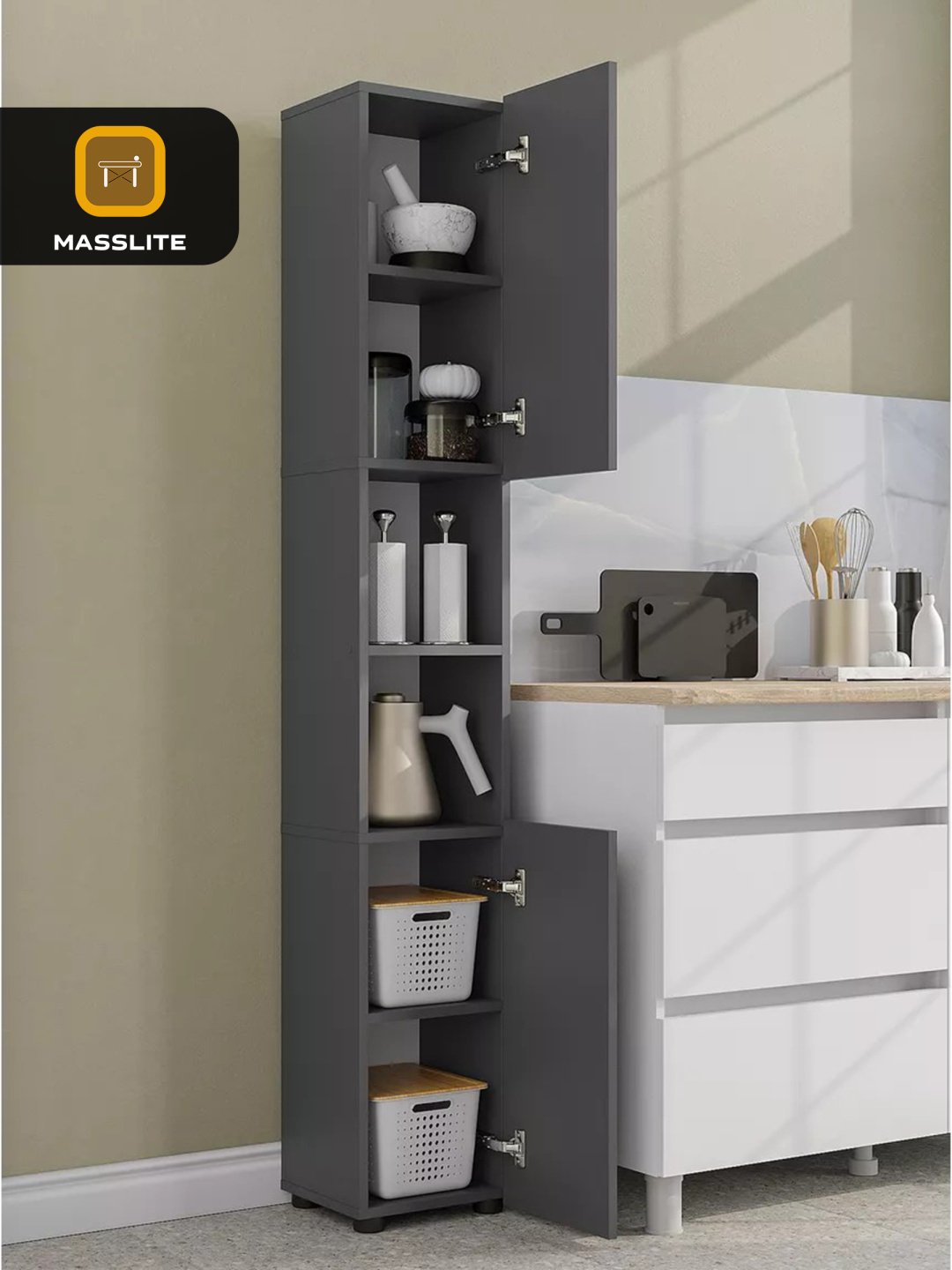 Шкаф-пенал напольный MassLite ШП-300019, 28x28x179 см, графит купить,NaN