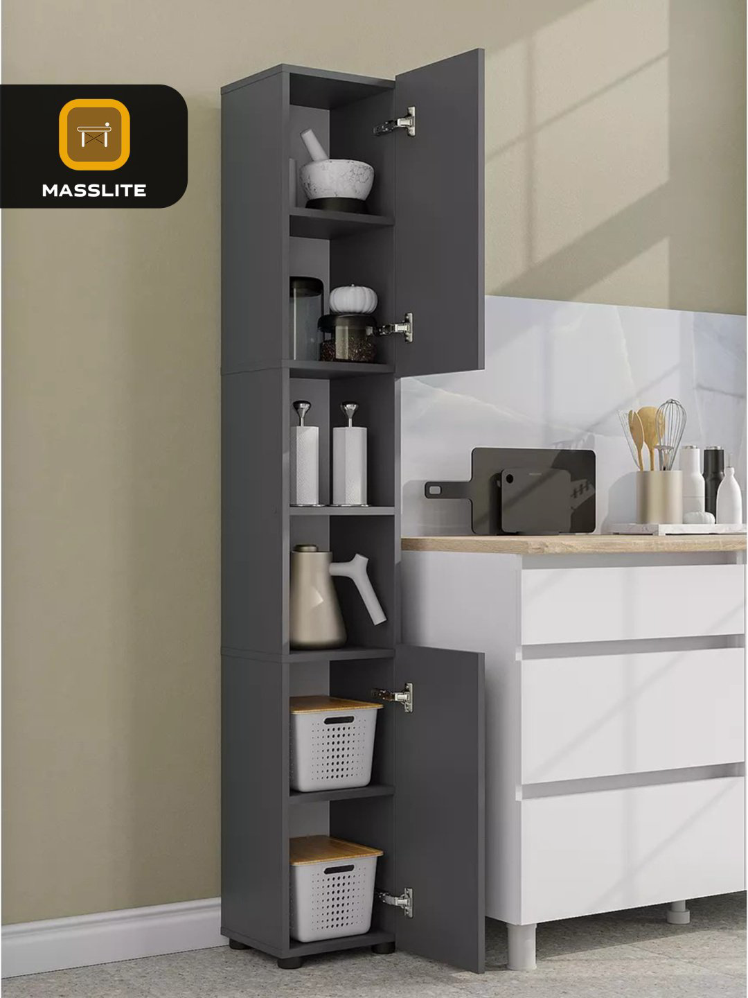 Шкаф-пенал напольный MassLite ШП-300019, 28x28x179 см, графит купить,NaN
