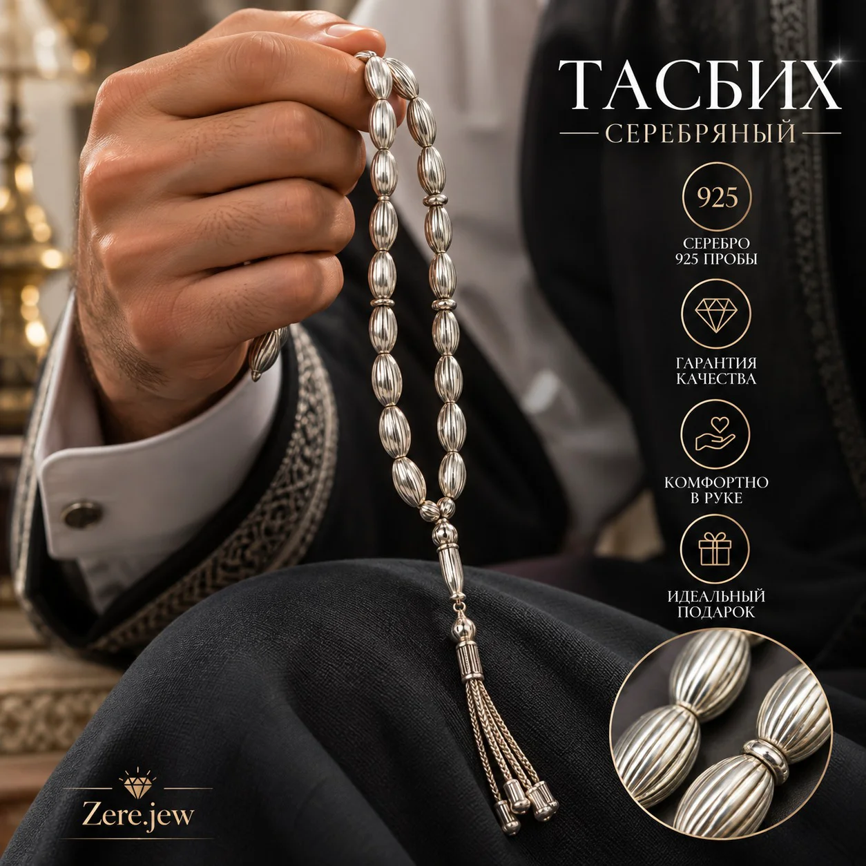 Серебряные мусульманские тасбих 925 пробы 23.4гр 