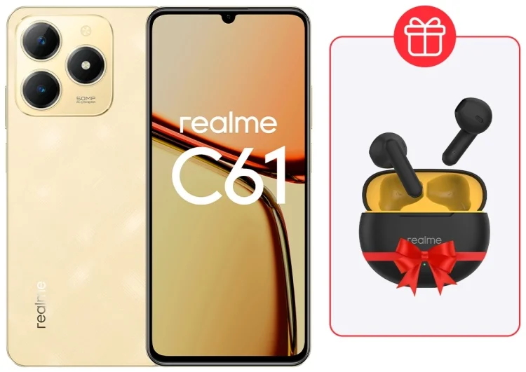 Смартфон Realme C61 6/128Gb Sparkle Gold + Подарок Наушники Realme Buds T01 Black купить,NaN