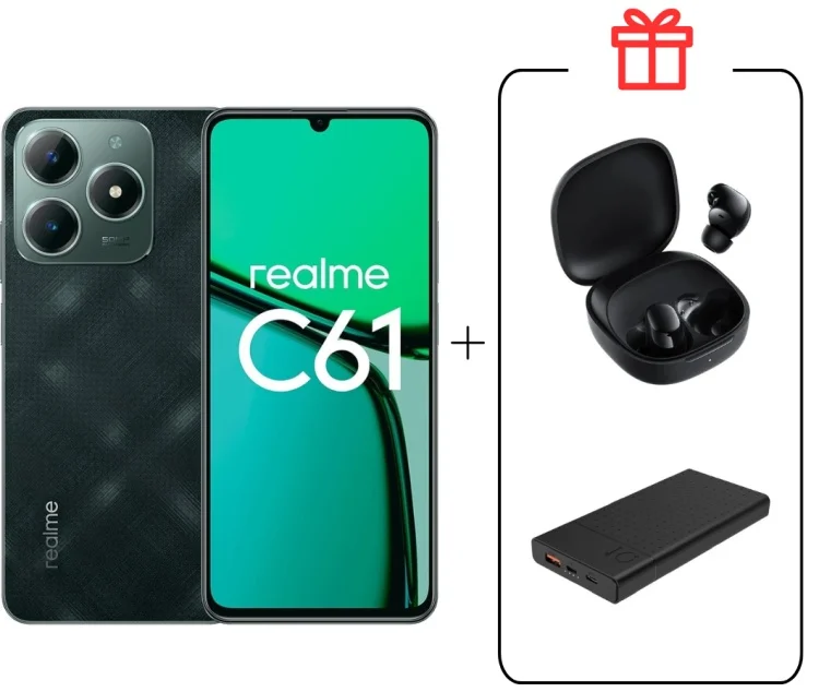 Смартфон Realme C61 8/256Gb Dark Green + Внешний аккумулятор Astero 10 PD 10000мАч Black + Наушники Buds 6 Play Black
