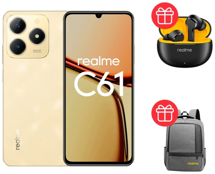 Смартфон Realme C61 6/128Gb Sparkle Gold + Подарок Наушники Realme Buds T110 Black + Рюкзак Realme Grey купить,NaN