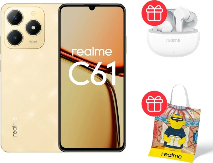 Смартфон Realme C61 6/128Gb Sparkle Gold + Подарок Наушники Realme Buds T110 White + Подарок Шопер Realme
