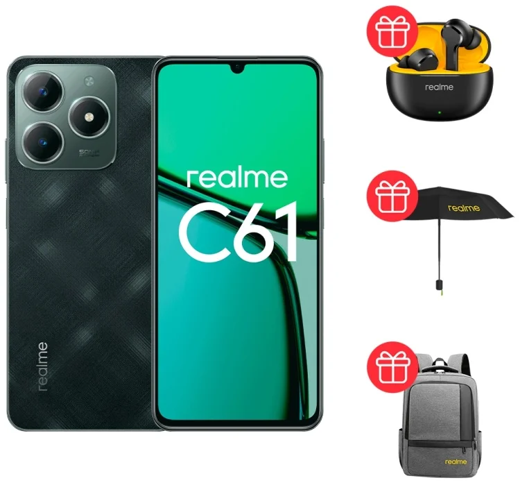 Смартфон Realme C61 6/128Gb Dark Green + Подарок Наушники Realme Buds T110 Black + Рюкзак Realme Grey + Зонт Realme Black
