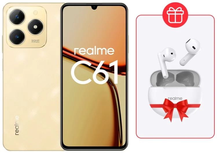Смартфон Realme C61 6/128Gb Sparkle Gold + Подарок Наушники Realme Buds T01 White