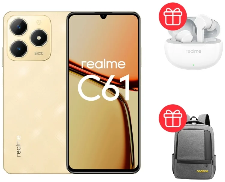Смартфон Realme C61 6/128Gb Sparkle Gold + Подарок Наушники Realme Buds T110 White + Рюкзак Realme Grey