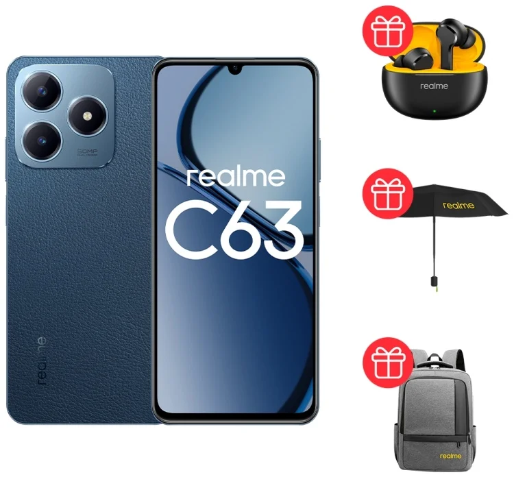 Смартфон Realme C63 6/128Gb Leather Blue + Подарок Наушники Realme Buds T110 Black + Рюкзак Realme Grey + Зонтик Realme Black купить,NaN
