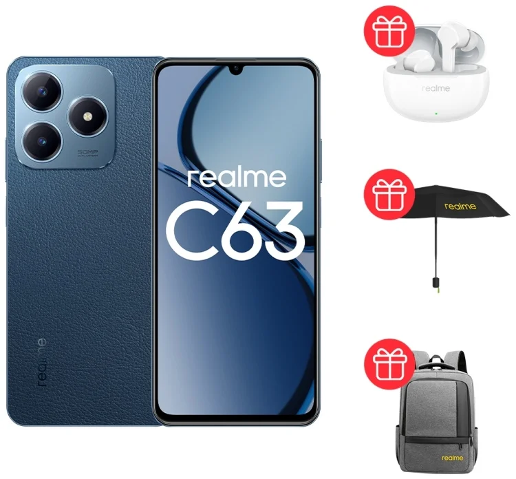 Смартфон Realme C63 8/256Gb Leather Blue + Подарок Наушники Realme Buds T110 White + Рюкзак Realme Grey + Зонтик Realme Black