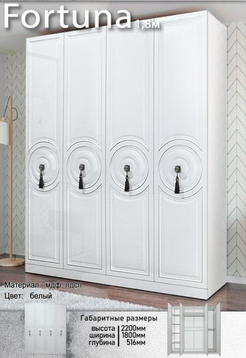 Шкаф для спальни Elegant Фортуна 4дв 2.2х1.8м белый купить,NaN