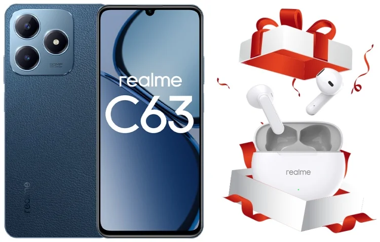 Смартфон Realme C63 6/128Gb Leather Blue + Подарок Наушники Realme Buds T01 White