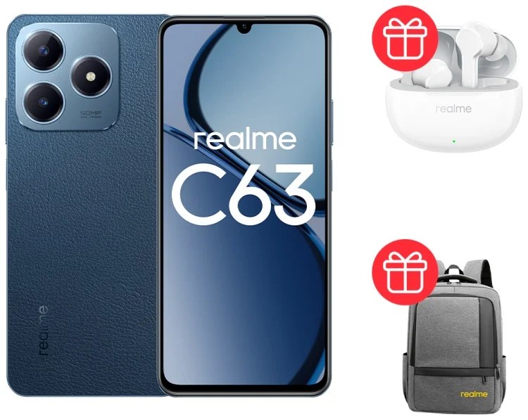 Смартфон Realme C63 8/256Gb Leather Blue + Подарок Наушники Realme Buds T110 White + Рюкзак Realme Grey