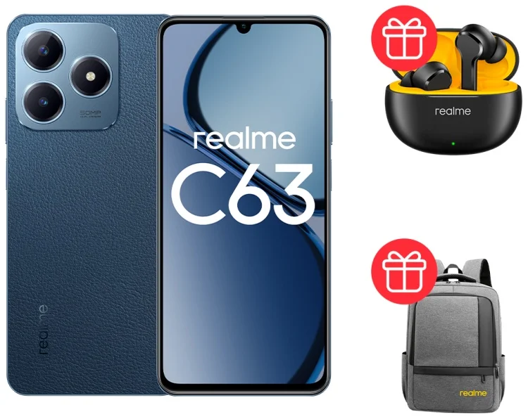 Смартфон Realme C63 8/256Gb Leather Blue + Подарок Наушники Realme Buds T110 Black + Рюкзак Realme Grey купить,NaN